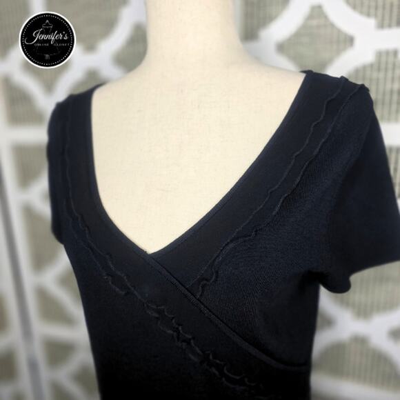 Cable and Gauge Black Double Silk Chiffon Ruffle Short Sleeve Sweater Top Medium - Picture 2 of 10